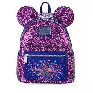 NWT Loungefly Disney Parks Purple Fireworks Sequin Loungefly Mini Backpack